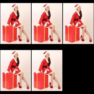 Set of 5 Portrait Photos of a Woman in a Santa Claus Costume Sitting on a Gift Box