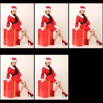 Set of 5 Portrait Photos of a Woman in a Santa Claus Costume Sitting on a Christma Gift Box