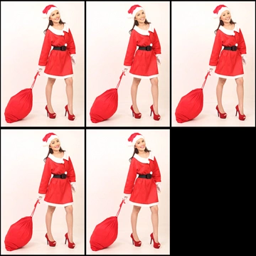 Set of 5 Portrait Photos of a Woman in Santa Costume and a Red Santa Sack