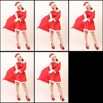 Set of 5 Portrait Photos of a Woman in Santa Dress Holding a Santa Bag