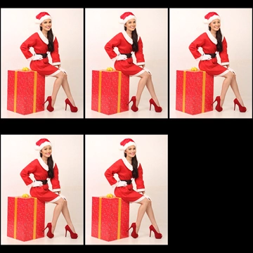 Set of 5 Portrait Photos of a Woman Sitting on a Gift Box with Hand on Her Hip