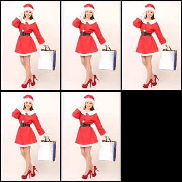 Set of 5 Portrait Photos of a Woman in Santa Costume Holding Shopping Bags