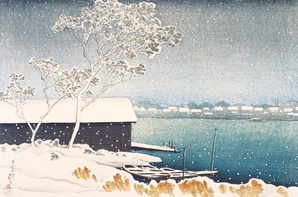 Twelve Subjects of Tokyo: Shirahige in the Snow by Hasui Kawase (1920), from Kawase Hasui 130th Anniversary Exhibition Catalogue