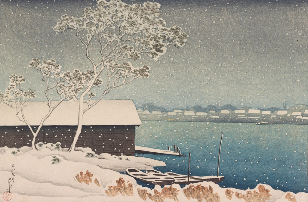 Twelve Subjects of Tokyo: Shirahige in the Snow by Hasui Kawase (1920), from Smithsonian National Museum of Asian Art