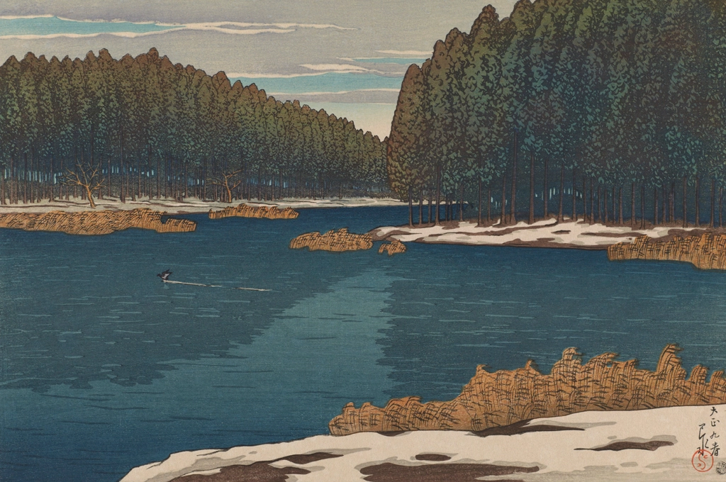 Twelve Subjects of Tokyo: Lingering Snow at Inokashira by Hasui Kawase (1920), from Smithsonian National Museum of Asian Art