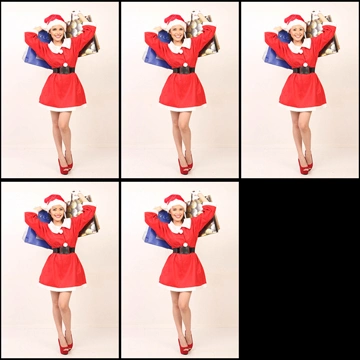 Set of 5 Portrait Photos of a Woman in Santa Costume Holding Up Shopping Bags