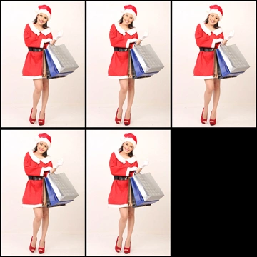 Set of 5 Portrait Photos of a Woman in Santa Costume Has Shopping Bags Around Her Arm