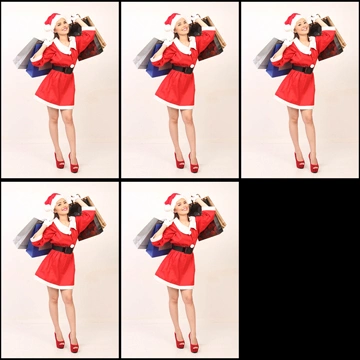 Set of 5 Portrait Photos of a Woman in Santa Costume Enjoying a Christmas Sale