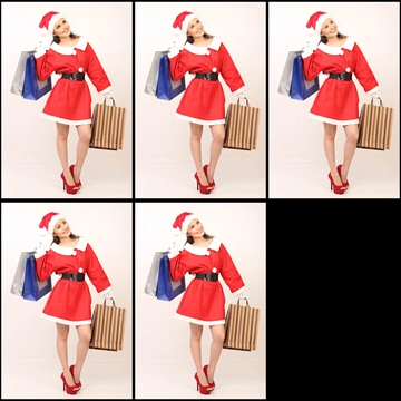 Set of 5 Portrait Photos of a Woman in Santa Costume Looking Up with Shopping Bags