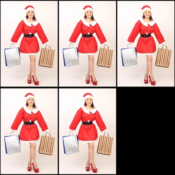 Set of 5 Portrait Photos of a Woman in Santa Costume Holding Shopping Bags in Both Hands