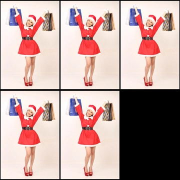 Set of 5 Portrait Photos of a Woman in Santa Costume Raising Her Hands with Shopping Bags