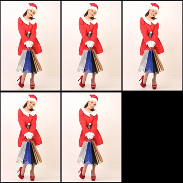 Set of 5 Portrait Photos of a Woman in Santa Costume Holding Shopping Bags and Tilting Her Head