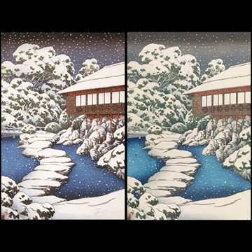 The Mitsubishi Mansion in Fukagawa; Guest Room facing the Pond in the Snow by Hasui Kawase (1920)