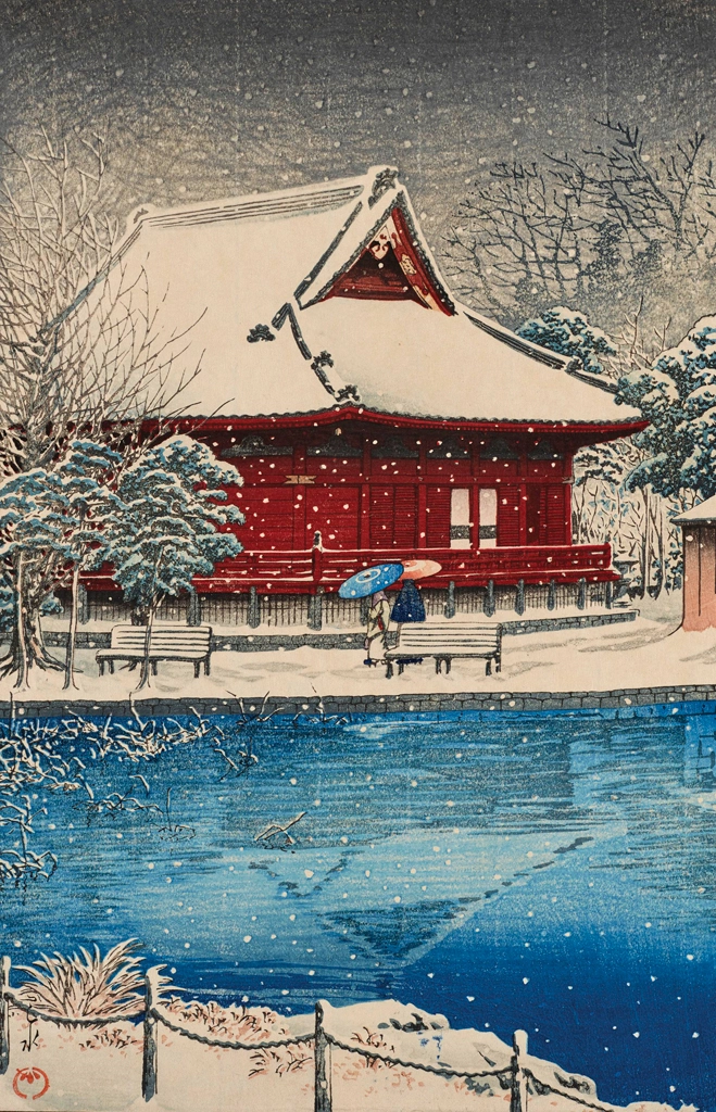 Snow at Shinobazu Benten Shrine by Hasui Kawase (1931), from Christie's