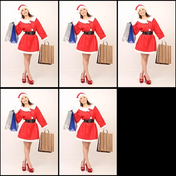 Set of 5 Portrait Photos of a Woman Wearing a Santa Mini Dress Holding Shopping Bags