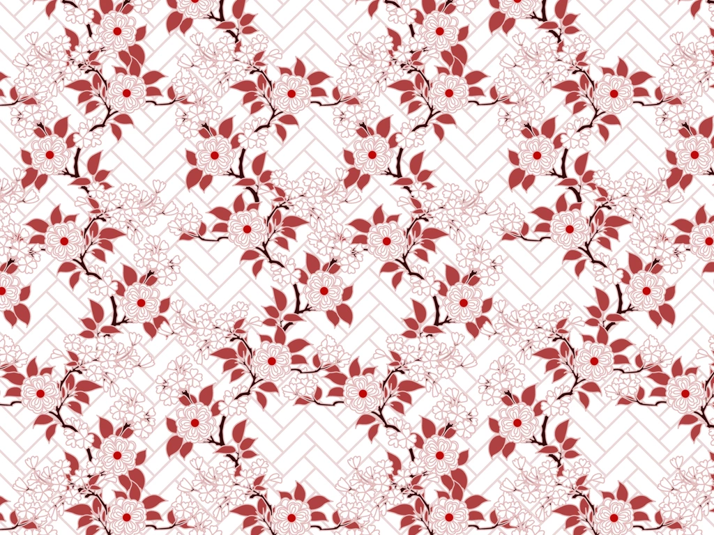 Set of 5 Double Cherry Blossom and Cypress Fence Pattern Background Illustrations and Vectors | Red and White