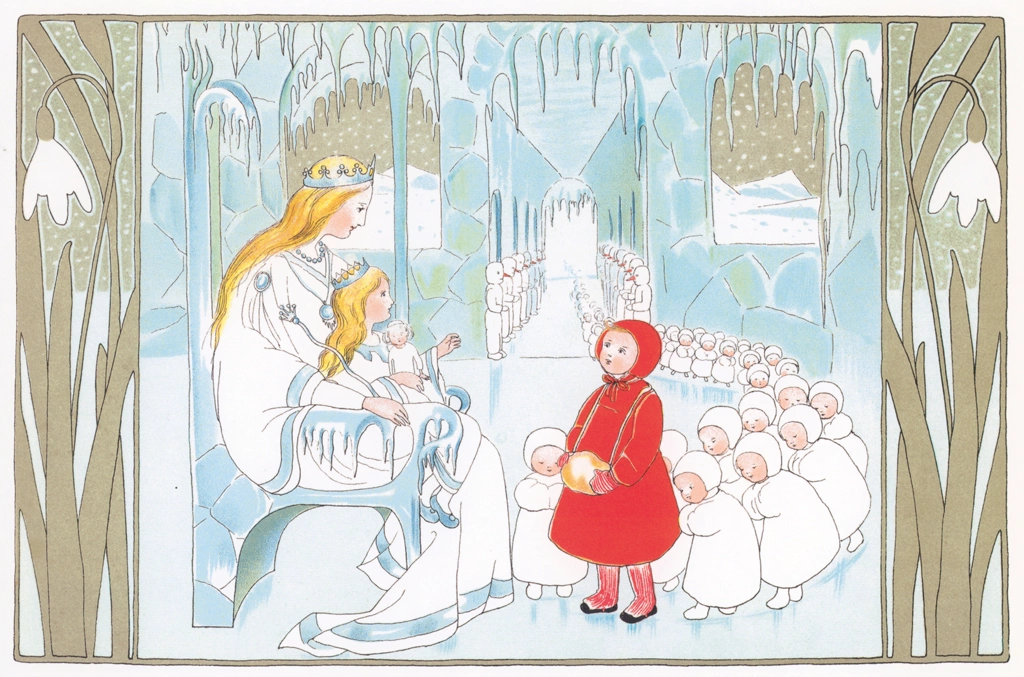 Plate #4 from “The Story of the Snow Children” by Sibylle von Olfers | A girl greeting the queen and princess