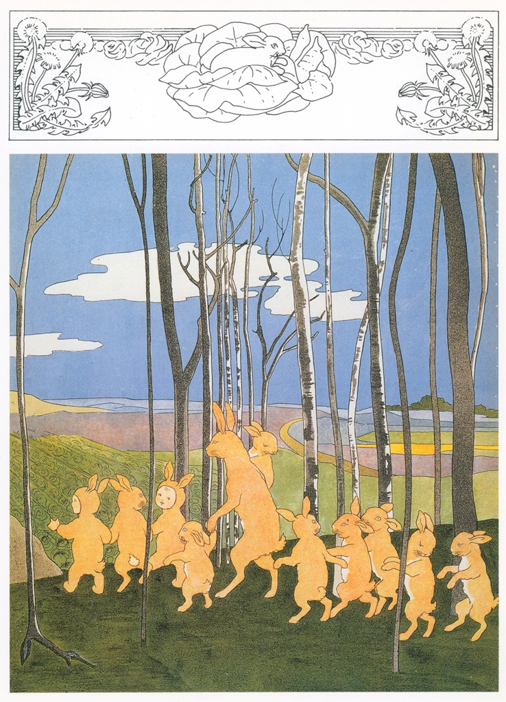 Plate #5 from “The Story of the Rabbit Children” by Sibylle von Olfers | Rabbit Family and Human Children on a Walk