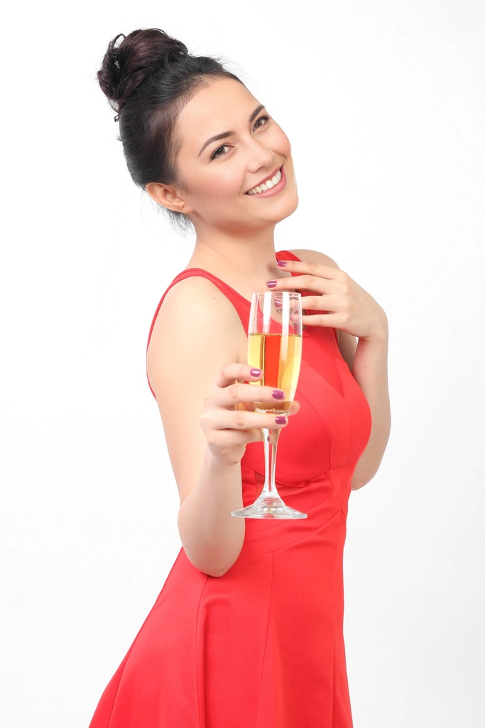 Set of 5 Full Body Portrait Photos a Woman Tilting Her Head with a Glass of Champagne | Woman #1 （face change by AI）