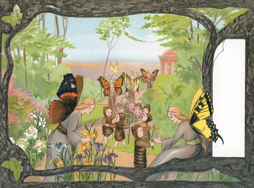 Plate #3 from “The Story of the Butterfly Children” by Sibylle von Olfers | The children of the Butterfly Kingdom play in the beautiful gardens.