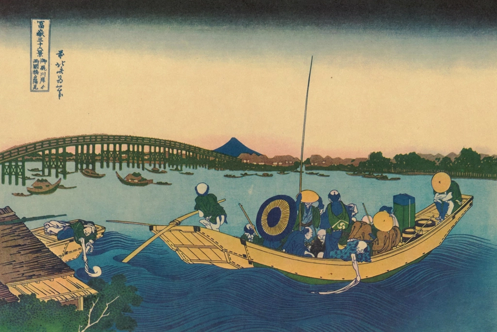 Thirty-Six Views of Mount Fuji: Sunset Across Ryōgoku Bridge from Ommayagashi by Katsushika Hokusai (circa 1830) | from Fugaku Sanjūrokkei