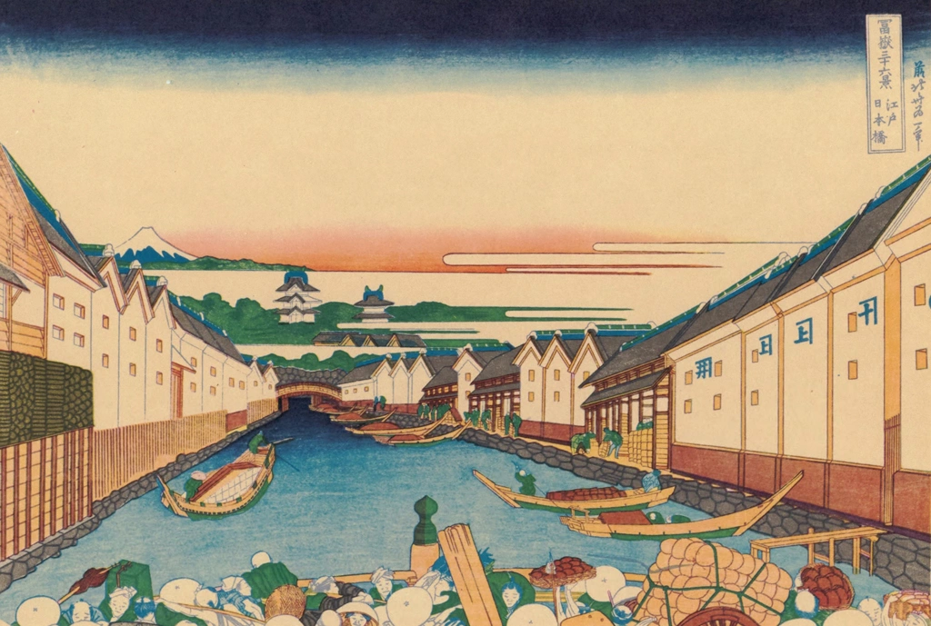 Thirty-Six Views of Mount Fuji: Nihonbashi in Edo by Katsushika Hokusai (circa 1830) | from Fugaku Sanjūrokkei