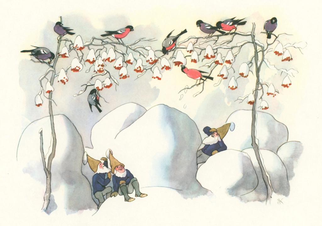 Amongst Bullfinches from “Winter’s Tale” by Ernst Kreidolf | from Fukuinkan Shoten