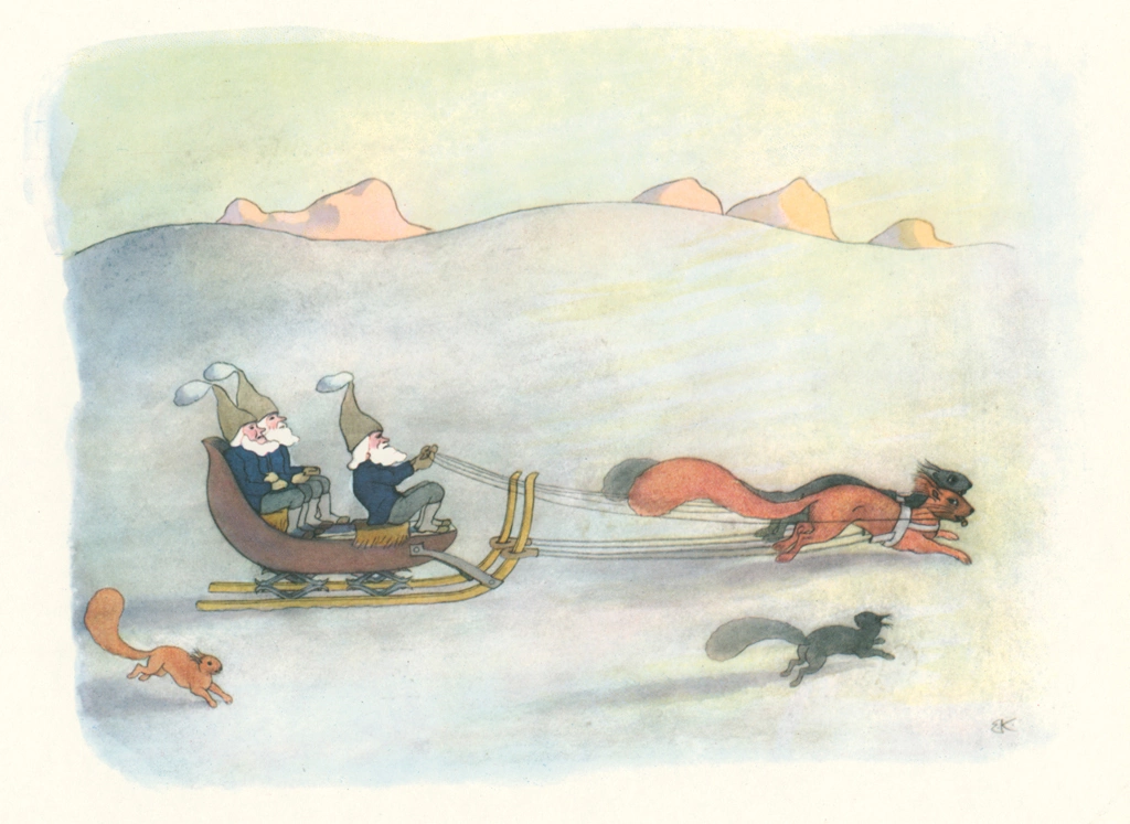 Sledging from “Winter’s Tale” by Ernst Kreidolf | from Fukuinkan Shoten