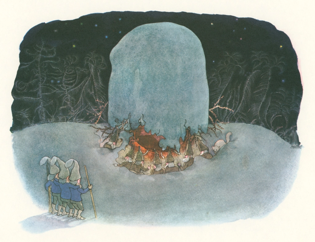 Arriving at the Home of the Seven Dwarfs from “Winter’s Tale” by Ernst Kreidolf | from Fukuinkan Shoten