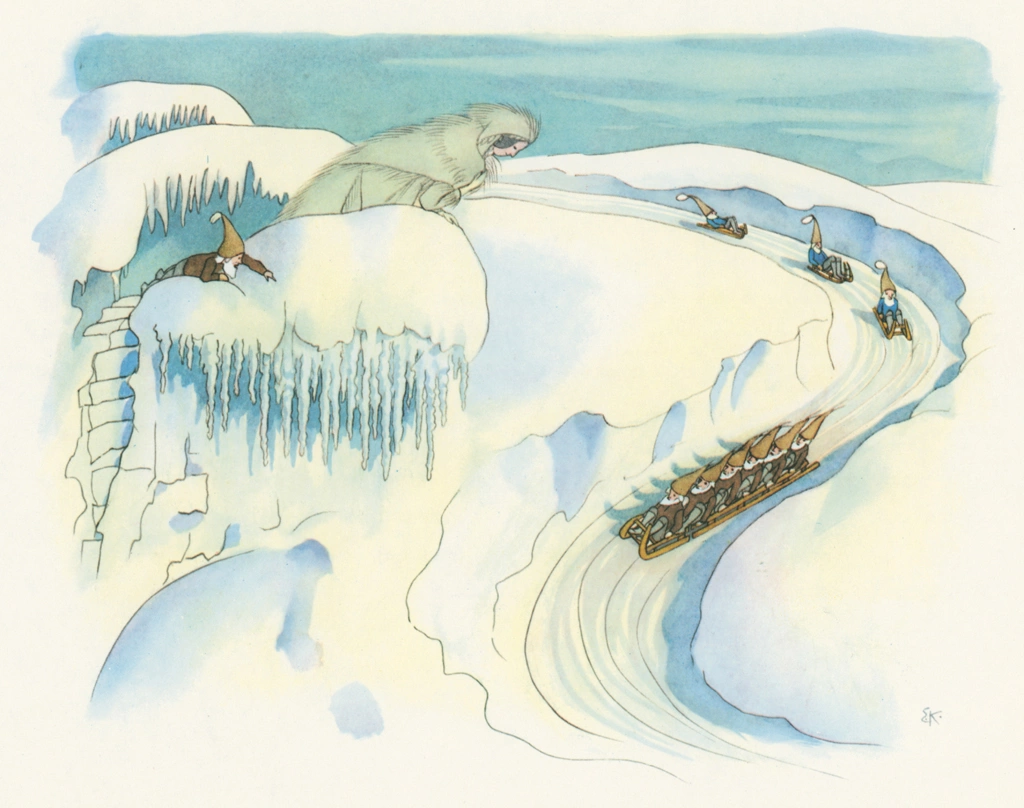 Sledging from “Winter’s Tale” by Ernst Kreidolf | from Fukuinkan Shoten