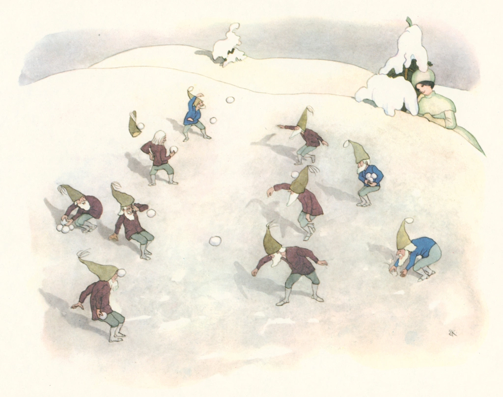 Snowball Fight from “Winter’s Tale” by Ernst Kreidolf | from Fukuinkan Shoten