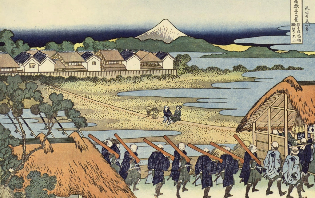 Thirty-Six Views of Mount Fuji: A View of Mount Fuji from the Pleasure District at Senju by Katsushika Hokusai (circa 1830) | from Ukiyo-e Masterpiece Selection: Hokusai I