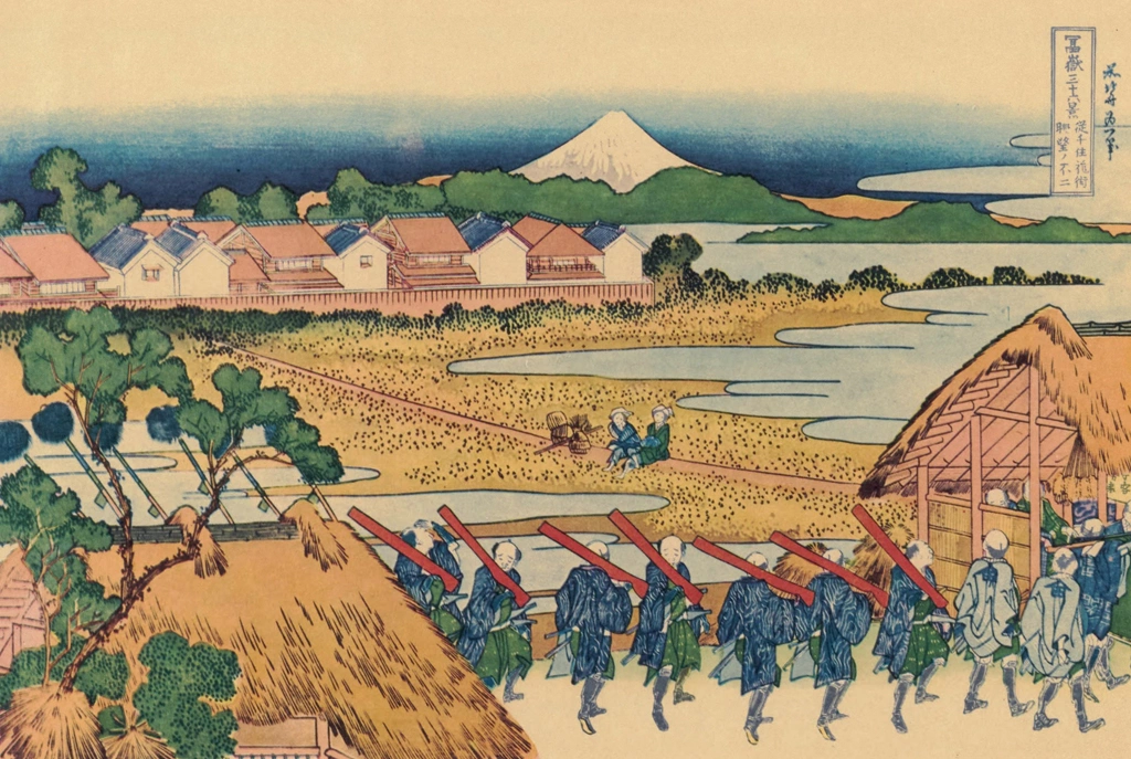 Thirty-Six Views of Mount Fuji: A View of Mount Fuji from the Pleasure District at Senju by Katsushika Hokusai (circa 1830) | from Fugaku Sanjūrokkei