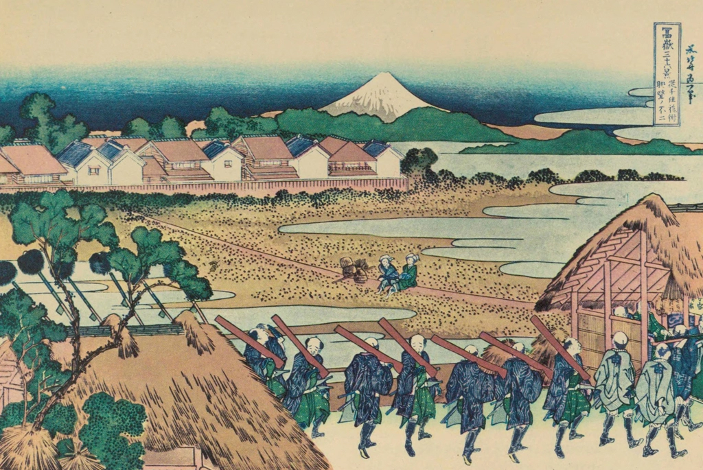 Thirty-Six Views of Mount Fuji: A View of Mount Fuji from the Pleasure District at Senju by Katsushika Hokusai (circa 1830) | from Master Pieces of the World Hokusai 36 Views of Mount Fuji