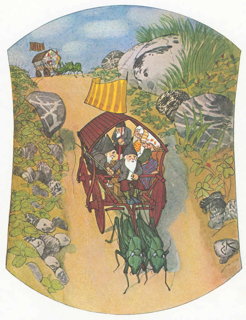 The Dwarfs Ride on Chariots from “Meadow Dwarfs” by Ernst Kreidolf | from Fukuinkan Shoten