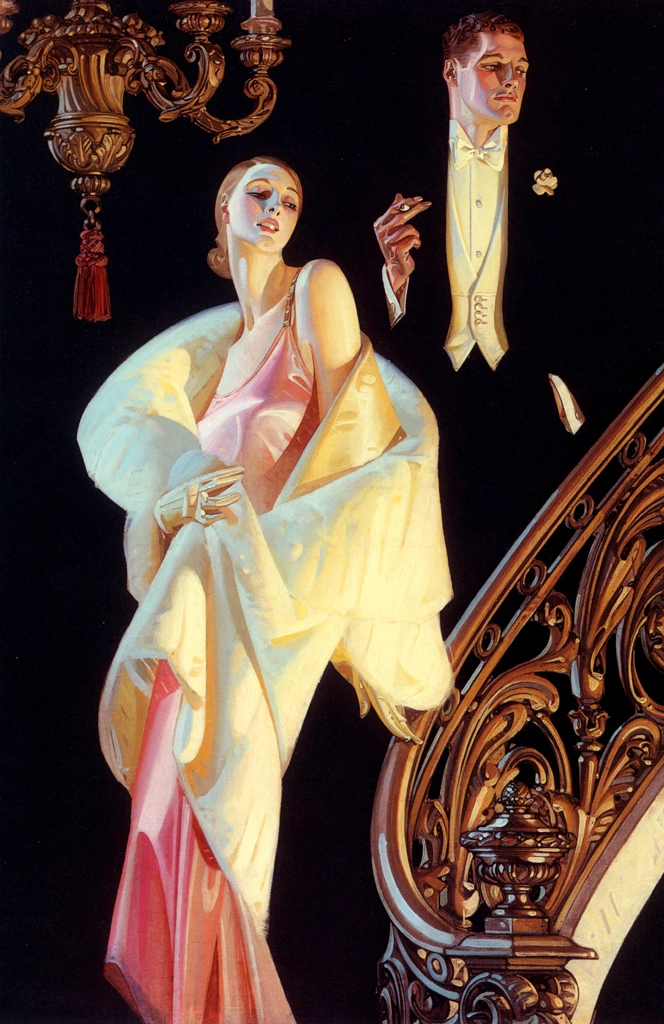 Couple Descending Staircase (Arrow Collar Advertisement) by J. C. Leyendecker (1932) | from J.C. Leyendecker: American Imagist