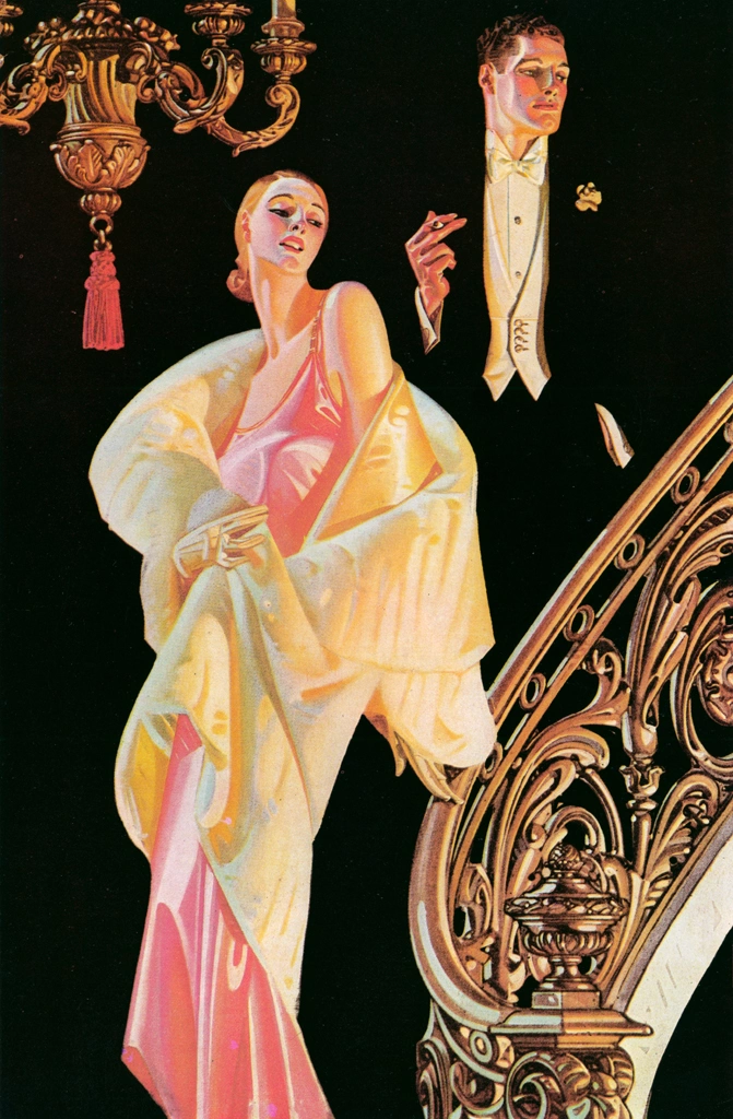 Couple Descending Staircase (Arrow Collar Advertisement) by J. C. Leyendecker (1932) | from The J. C. Leyendecker Poster Book