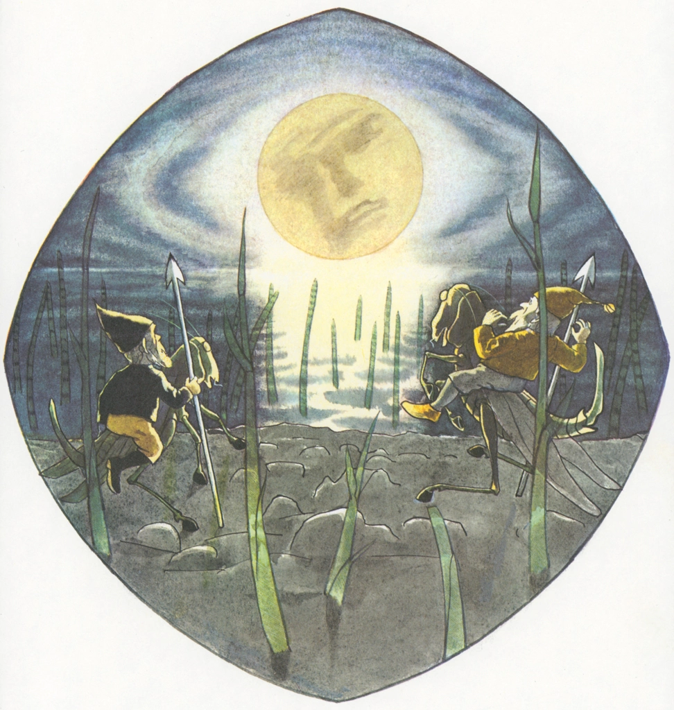 Two Meadow Dwarf Viewing the Full Moon from “Meadow Dwarfs” by Ernst Kreidolf | from Fukuinkan Shoten