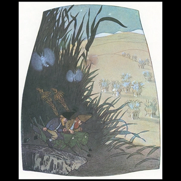 Two Meadow Dwarfs Riding Grasshoppers Under the Moonlight from “Meadow Dwarfs” by Ernst Kreidolf