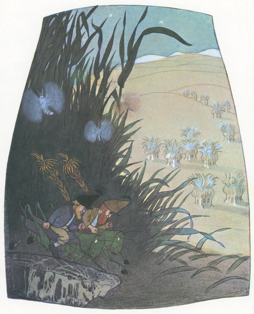 Two Meadow Dwarfs Riding Grasshoppers Under the Moonlight from “Meadow Dwarfs” by Ernst Kreidolf | from Fukuinkan Shoten