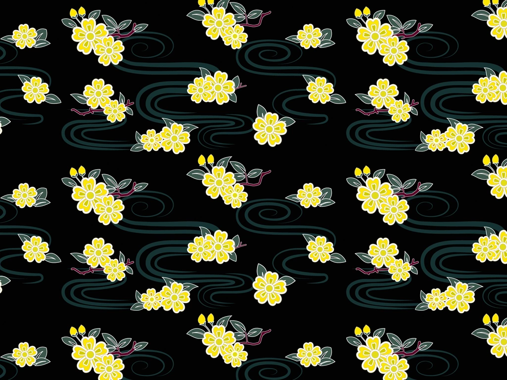 Set of 6 Cherry Blossoms and Flowing Water Pattern Background Illustrations and Vectors | Yellow, Dark Green and Black