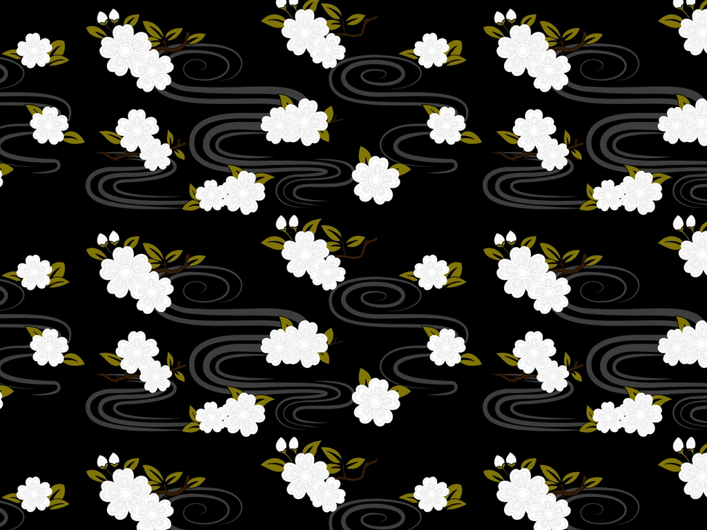 Set of 6 Cherry Blossoms and Flowing Water Pattern Background Illustrations and Vectors | White, Gold and Black