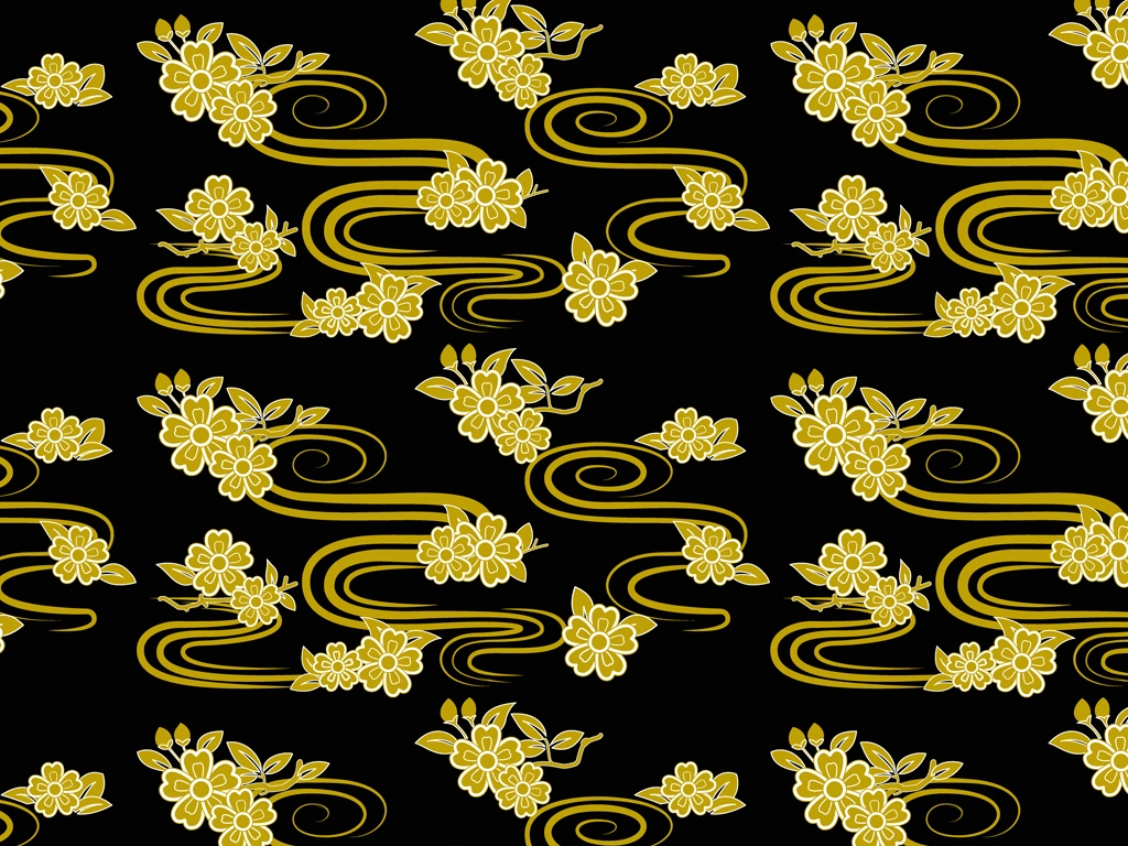 Set of 6 Cherry Blossoms and Flowing Water Pattern Background Illustrations and Vectors | Gold and Black