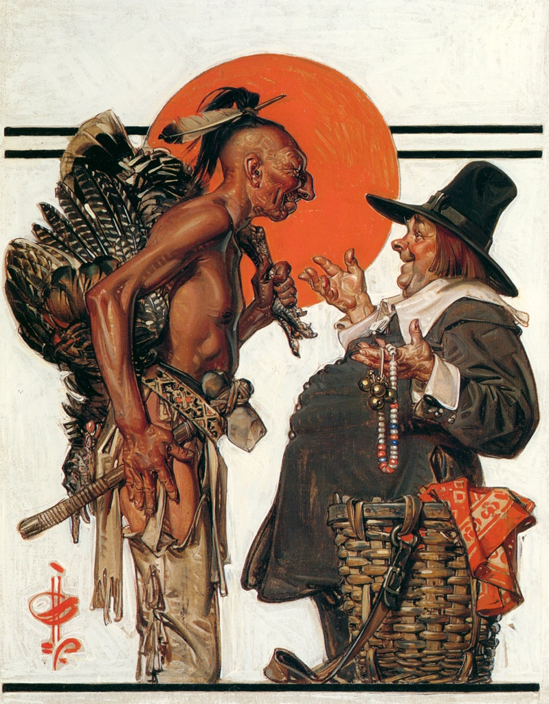 Thanksgiving (Indian Bartering with Pilgrim) by J. C. Leyendecker (1923) | from The Great American Illustrators