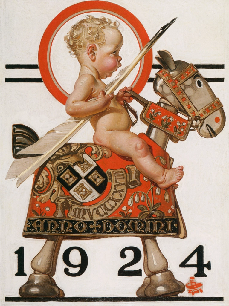 「ニューイヤーズベイビー 1924 （馬上槍試合）」 J・C・ライエンデッカー （1923年） | J.C. Leyendecker: American Imagistより