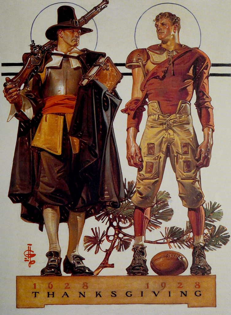 「感謝祭 – 巡礼者とフットボール選手」 J・C・ライエンデッカー （1928年） | The J.C. Leyendecker Collection: American Illustrators Poster Bookより