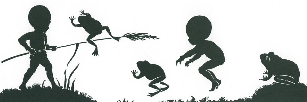 Plate #4 from “Children of the Forest” by Elsa Beskow | Forest Children Playing with Frogs
