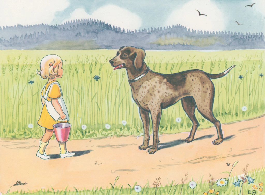 Plate #3 from “Talented Annika” by Elsa Beskow | The Girl Meets a Big Dog