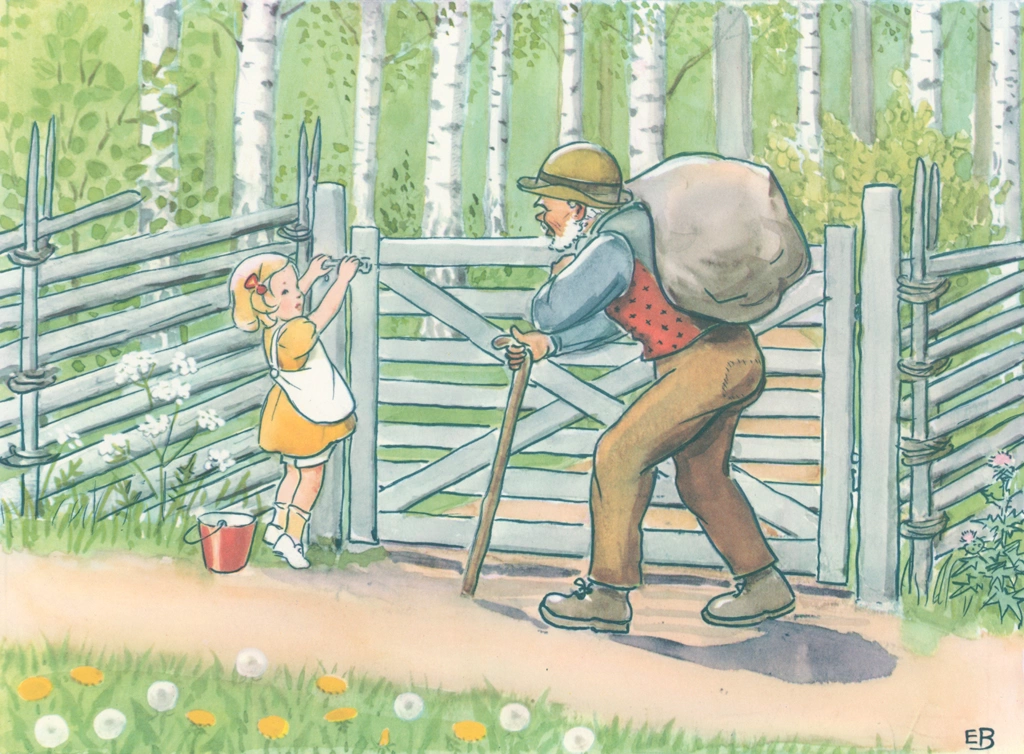 Plate #5 from “Talented Annika” by Elsa Beskow | An Old Man Meets the Girl Trying to Unlock a Ranch