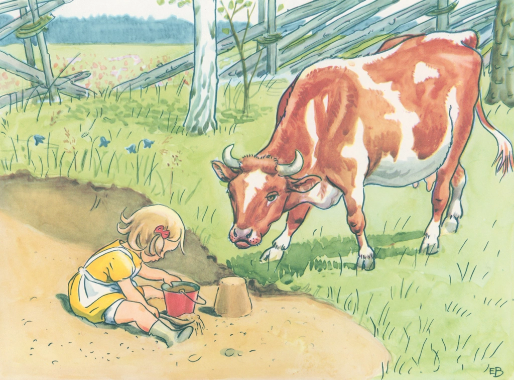 Plate #6 from “Talented Annika” by Elsa Beskow | The Girl Playing in the Sand with a Cow
